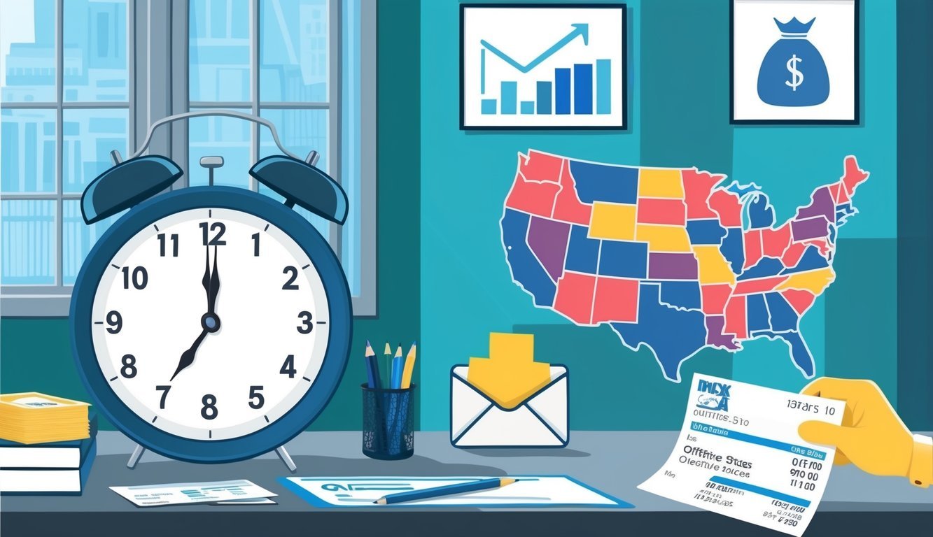 An office setting with a clock showing 8 hours, a pay stub, and a map of the United States highlighting states with overtime pay laws