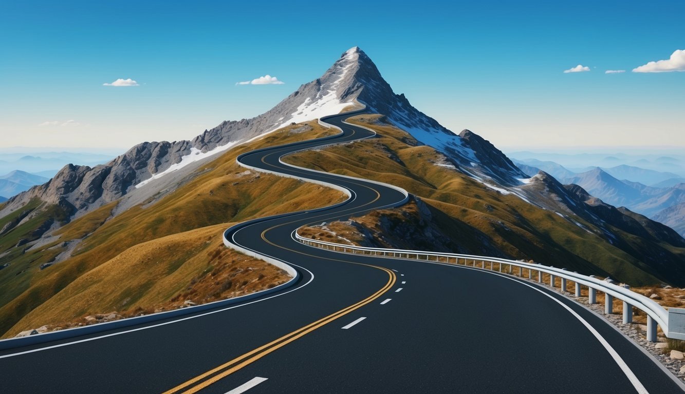 A winding road leading to a mountain peak, with a clear blue sky and a sense of vastness and possibility