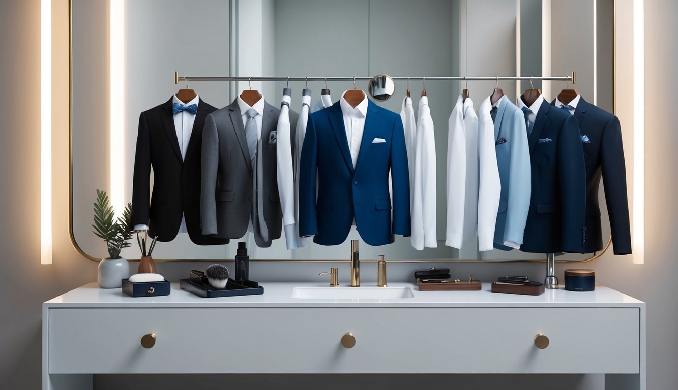 A neatly arranged selection of professional attire and grooming tools on a clean, modern vanity