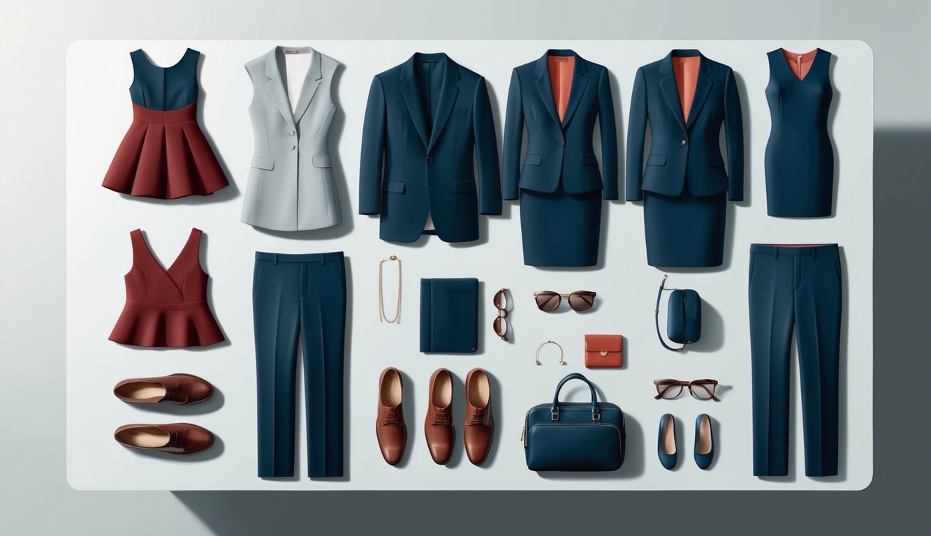 A group of professional attire options laid out on a clean, modern table.</p><p>Items include suits, dresses, and accessories