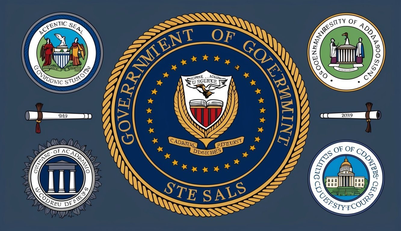 A government seal surrounded by various academic symbols and degree options