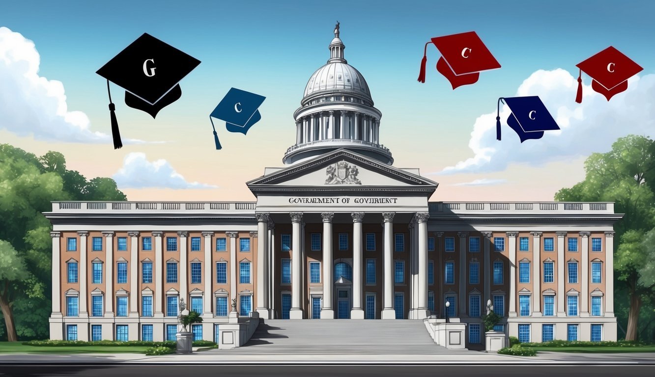 A government building with various degree symbols floating above it