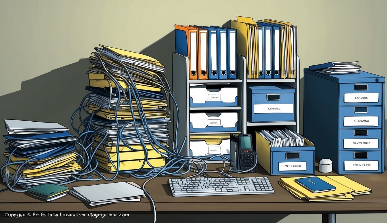 A cluttered desk with overflowing files and a tangled mess of cords.</p><p>A labeled organization system with neatly stacked folders and labeled storage bins