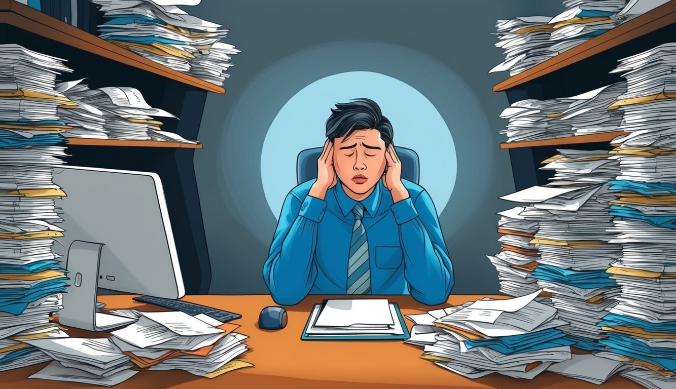 A person sitting at a desk surrounded by piles of papers and a computer, looking exhausted and overwhelmed after working for 12 hours