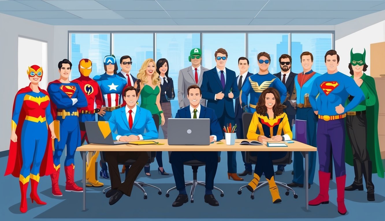 A group of coworkers dressed as iconic pop culture characters, such as superheroes, movie stars, and famous musicians, gather in the office for a Halloween costume contest