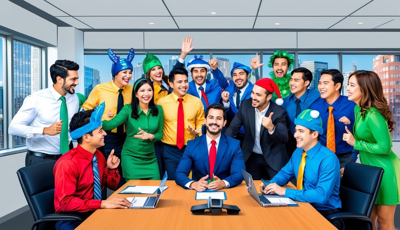 A group of office workers in various themed costumes gather around a conference table, laughing and posing for a photo