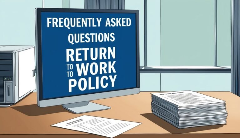 Computer monitor displays "Return to Work Policy" with papers on desk