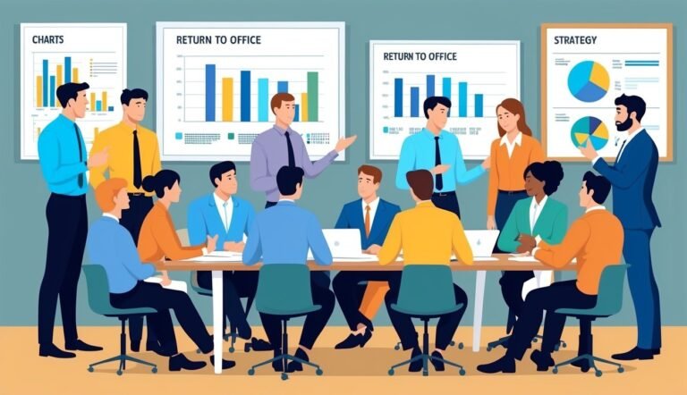 Business team meeting around a table with charts and graphs on the wall