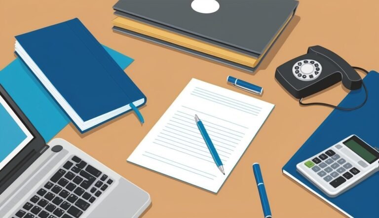 Office desk with laptop, notepad, phone, calculator, and documents