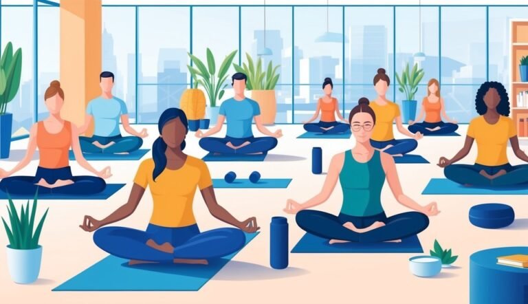 People meditating in a bright room with plants and a city view