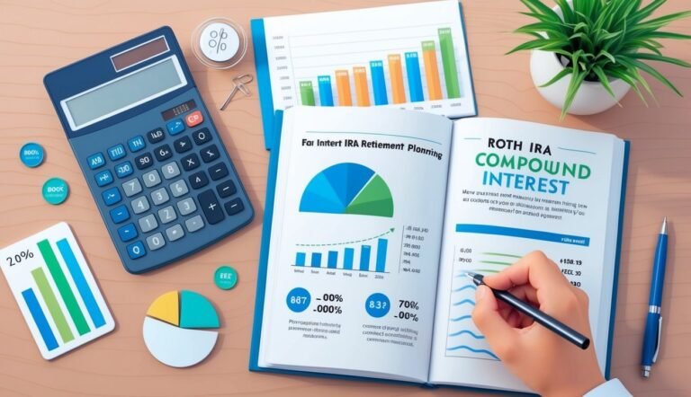 Financial planning scene with calculator, charts, and Roth IRA book