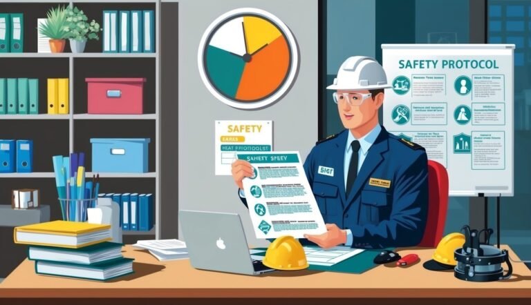 Safety officer in uniform holding safety document, office setting