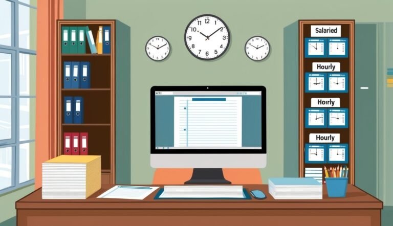 Office desk with computer, clocks, and time cards for salaried and hourly employees