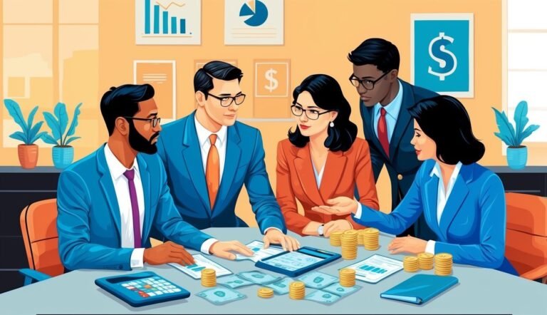 Business team reviewing financial data, money, and charts in an office