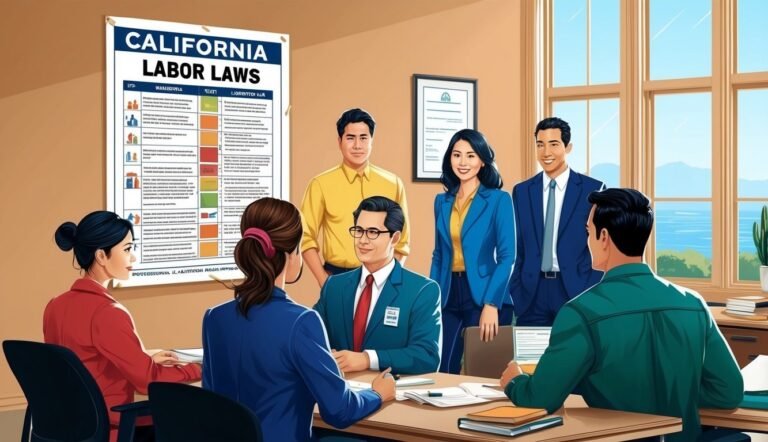 Business meeting discussing California labor laws, with a poster on the wall