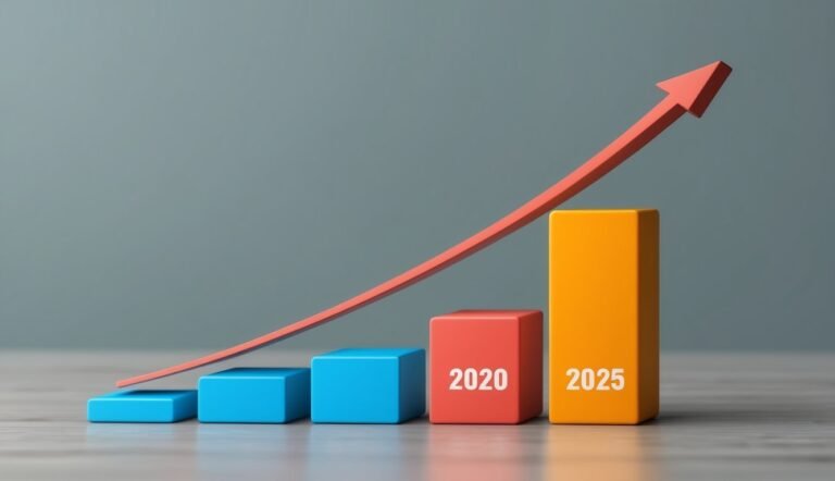 Bar graph with an upward trend, showing growth from 2020 to 2025