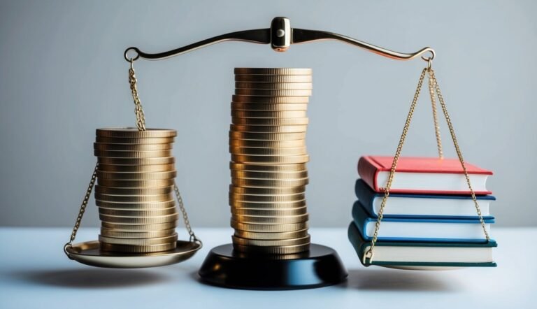 Scales balancing stacks of coins against a stack of colorful books
