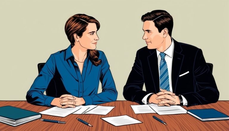 Business meeting: man and woman at a table with papers, pens, and notebooks
