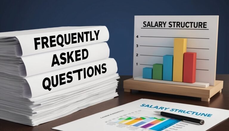 Stack of FAQs, salary structure chart, and a document with a pen
