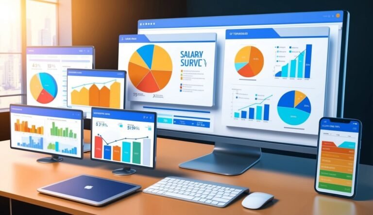 Multiple computer screens displaying various charts and graphs on a desk