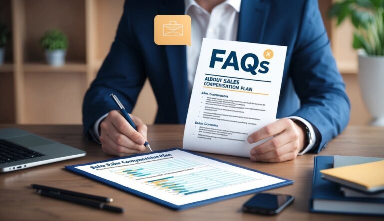 Man in suit reviewing sales compensation plan FAQs document