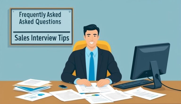 Smiling businessman at desk with papers, computer, and "Sales Interview Tips" sign