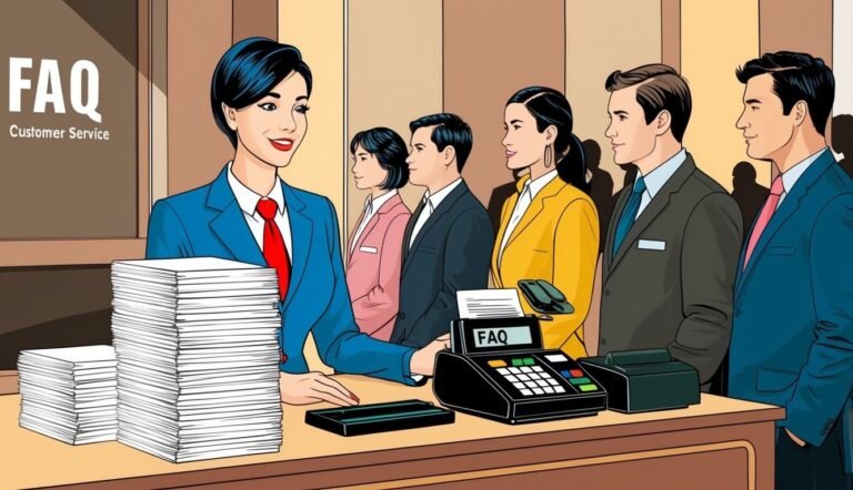 Customer service representative with a line of people waiting at the counter