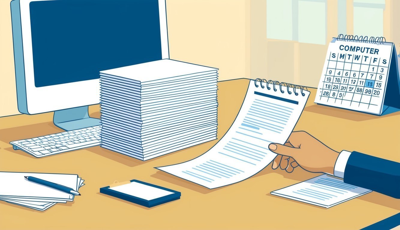 Desk with computer, papers, calendar, and a hand holding a document