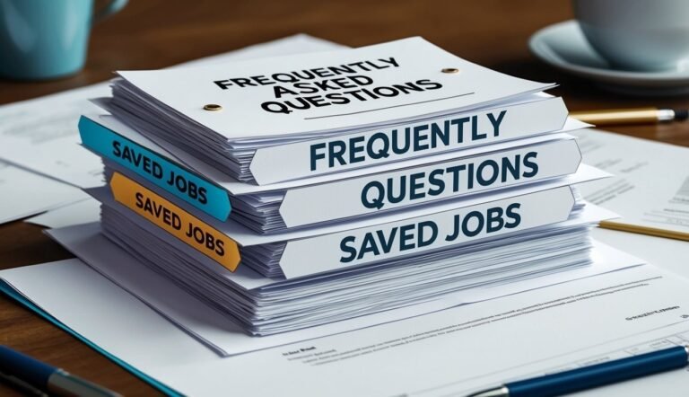 Stack of papers labeled "Frequently Asked Questions" and "Saved Jobs"