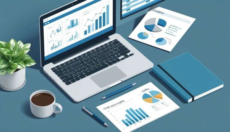 Laptop, charts, coffee, and plant on a blue desk, business analysis concept