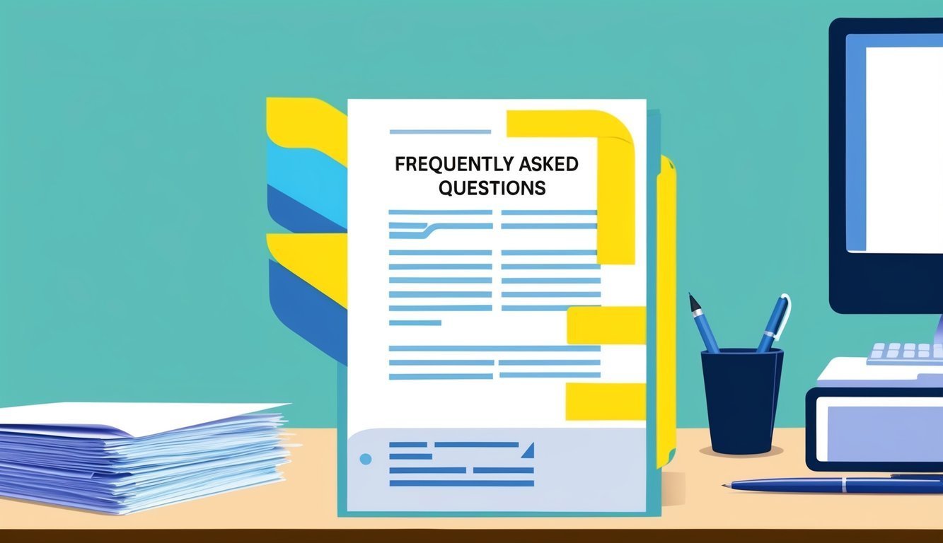 Illustration of "Frequently Asked Questions" document on a desk with computer