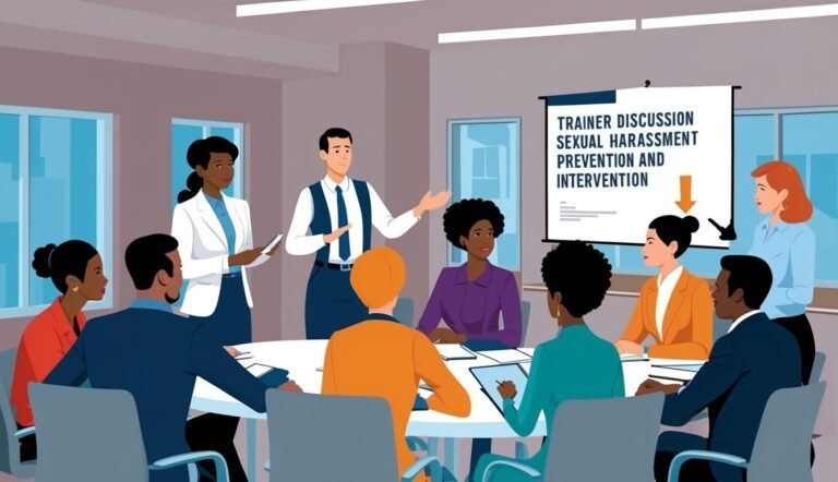 Workplace sexual harassment training session with diverse group of people