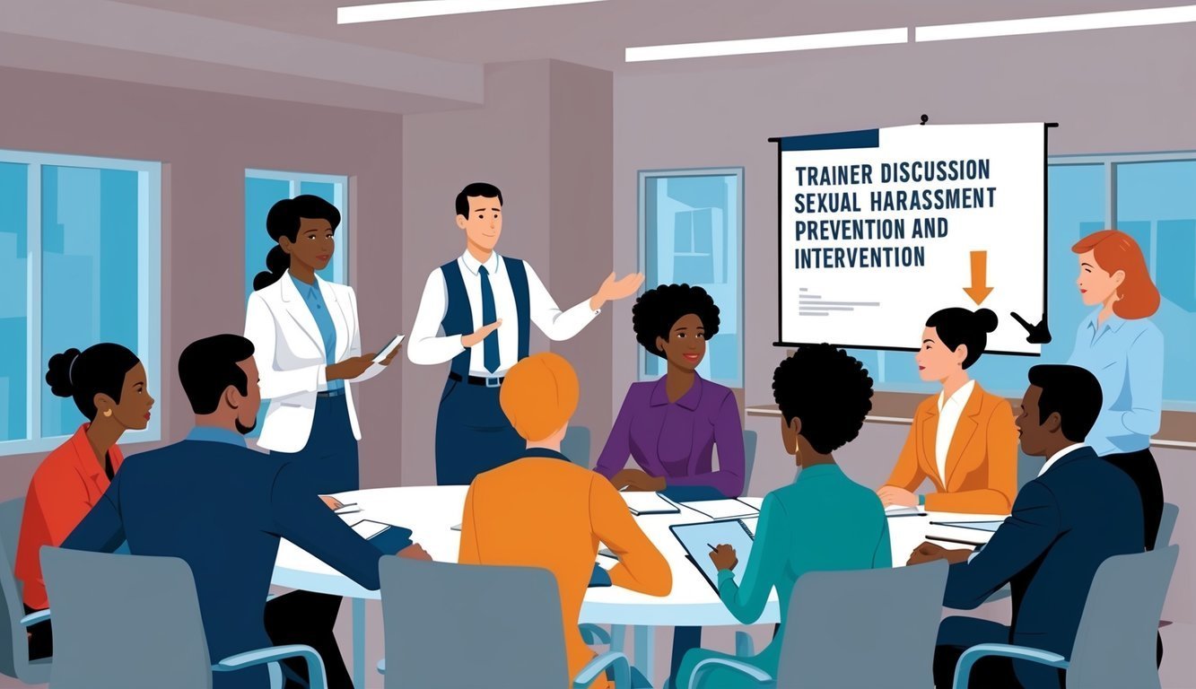 Workplace sexual harassment training session with diverse group of people