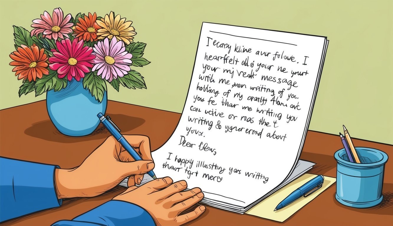 Person writing a letter with flowers in a vase on the desk