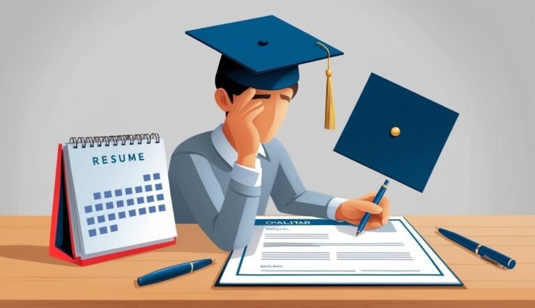 Person with graduation cap writing resume, calendar nearby