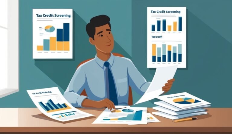 Man reviewing tax credit screening documents with charts and graphs