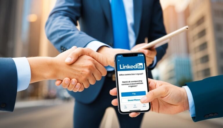 Business handshake with LinkedIn app on a phone, networking concept