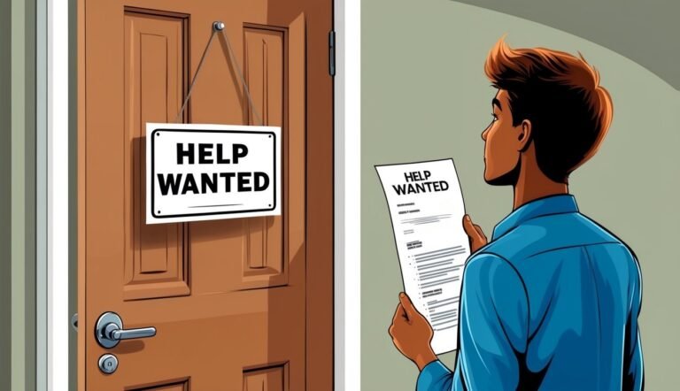 Door with "Help Wanted" sign and man looking at application