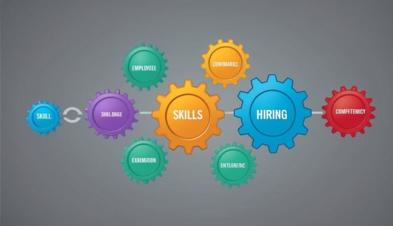 Skills, hiring, and competency connected by gears, illustrating the hiring process