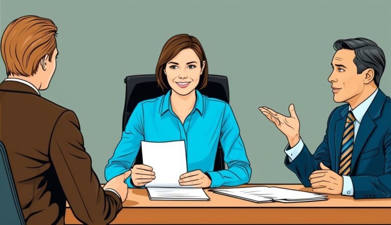 Business interview with three people, one woman holding papers