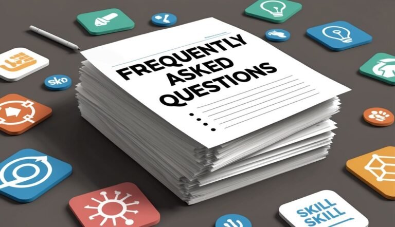 Stack of "Frequently Asked Questions" papers with icons and pen