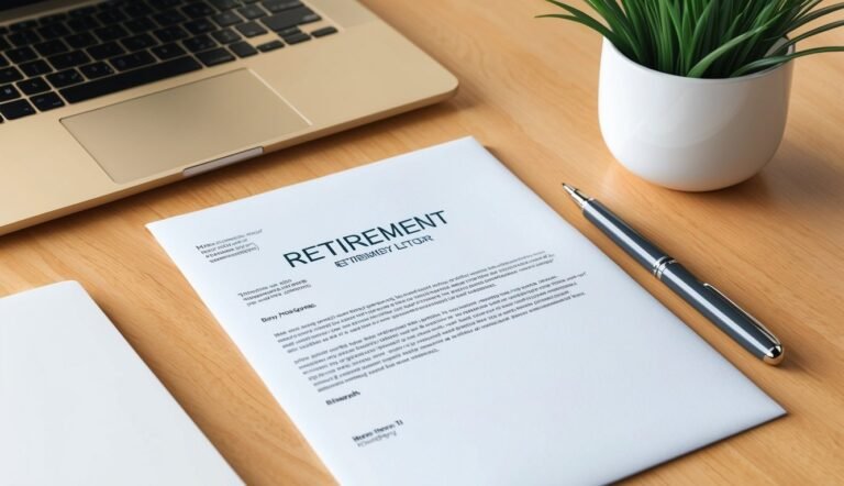 Retirement document with pen, laptop, and plant on a wooden desk