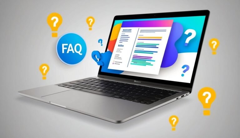Laptop with resume on screen, surrounded by question marks and FAQ icon