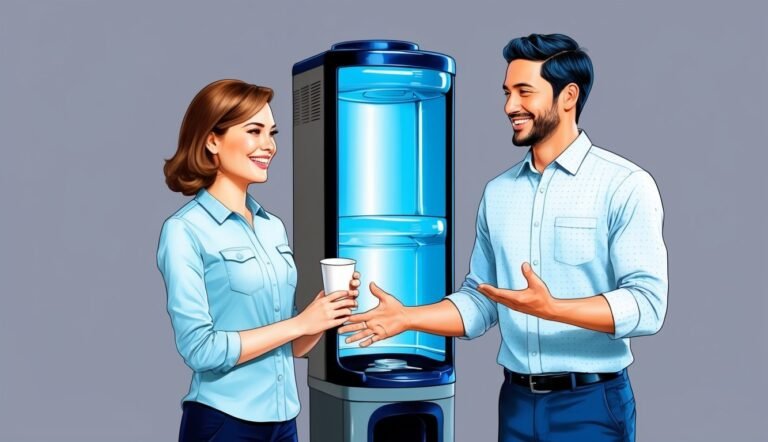 Man and woman smiling near a water cooler, holding a cup