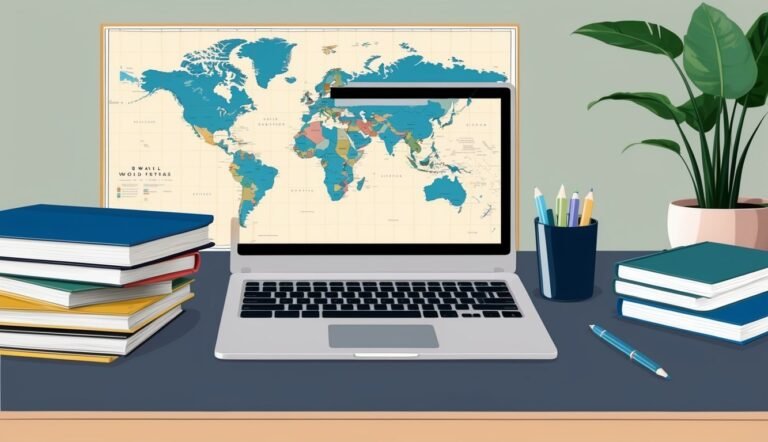 Laptop displaying a world map, books, pencils, and a plant on a desk