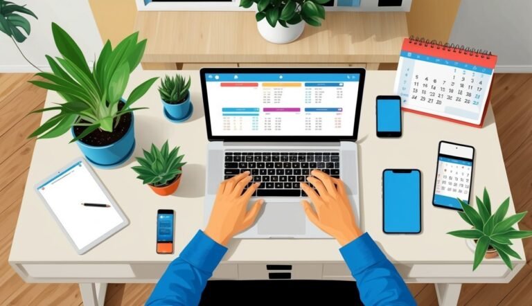Person typing on laptop at desk with plants, calendar, and smartphones
