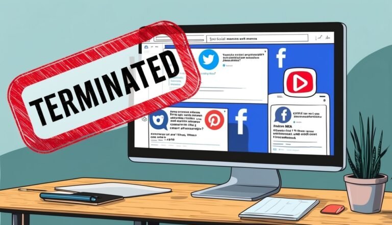 Computer monitor with social media icons, "TERMINATED" stamp, desk, and plant