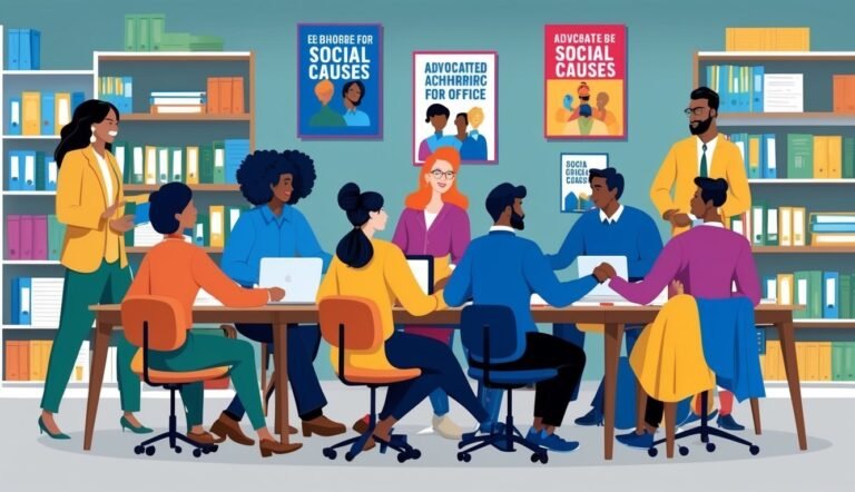 Diverse group of people in an office meeting, posters about social causes