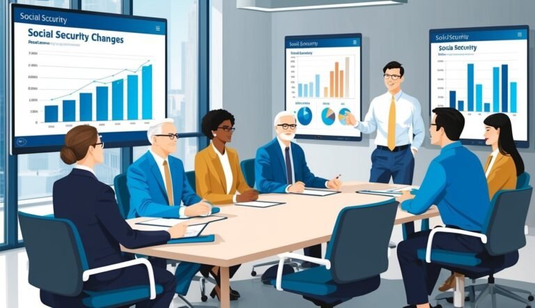 Business meeting with people around a table, discussing social security changes and graphs