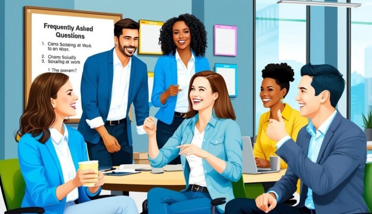 Group of diverse colleagues smiling and discussing in an office setting